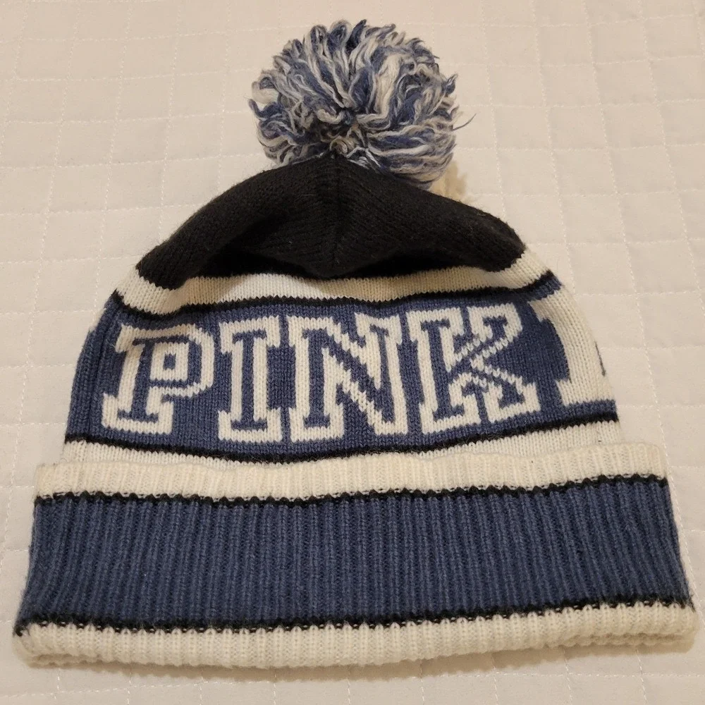 Victorias Secret PINK Nation Blue White Black Pom Pom Beanie Cozy Hat Snow Bunny